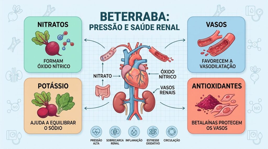 Nitratos, potássio, antioxidantes e fibras ajudam a integrar cuidados cardiovasculares e renais.