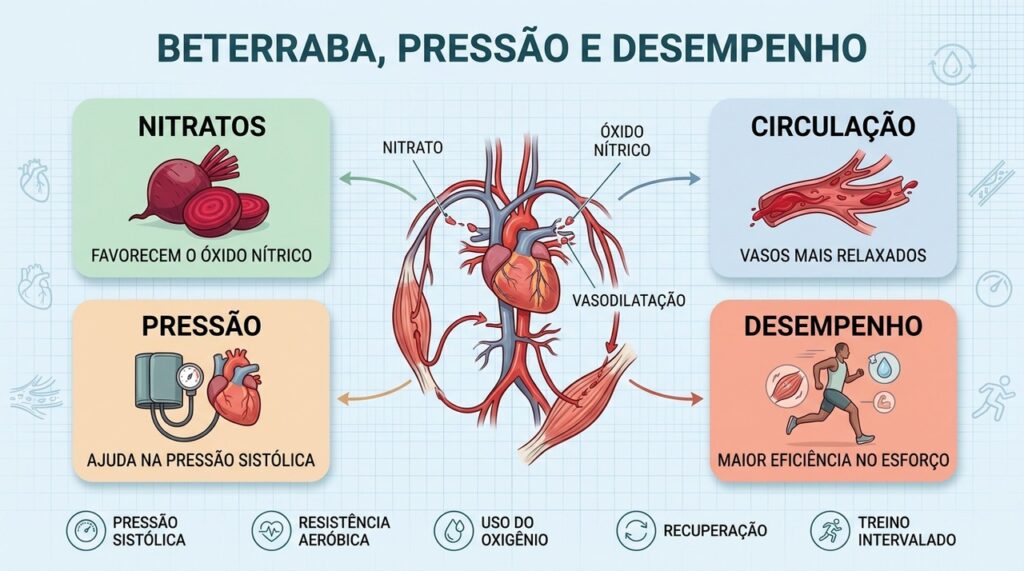 Nitratos da beterraba favorecem óxido nítrico, circulação, pressão arterial e desempenho físico.