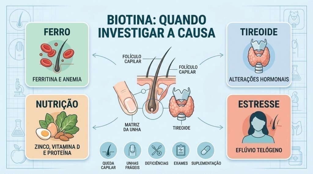 Queda capilar e unhas frágeis podem envolver ferro, tireoide, nutrição e estresse.