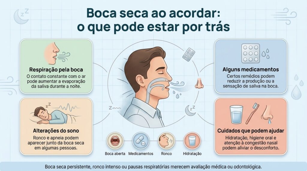 Observar respiração pela boca, uso de medicamentos e sinais de alterações do sono pode ajudar a investigar a boca seca frequente pela manhã.