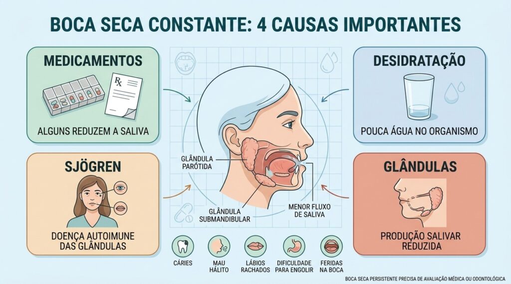 Medicamentos, desidratação, Sjögren e alterações glandulares podem reduzir a produção de saliva.