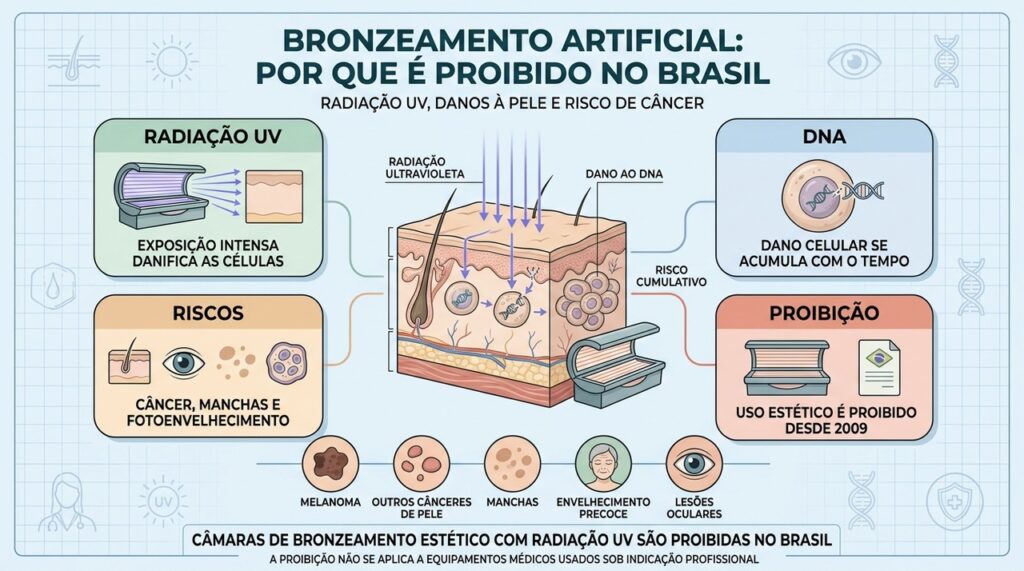 Radiação UV artificial causa dano cumulativo e aumenta riscos dermatológicos importantes.