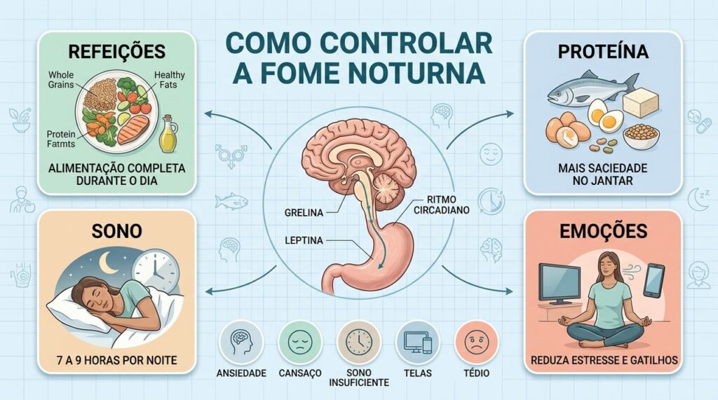 Refeições completas, proteína, sono e atenção aos gatilhos ajudam a controlar o apetite noturno.