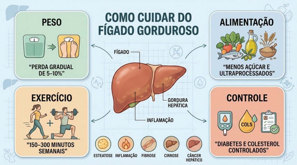 Peso saudável, alimentação equilibrada, exercício e controle metabólico formam a base do cuidado hepático.
