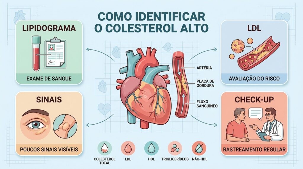 Lipidograma, sinais possíveis e check-ups ajudam a detectar alterações silenciosas do colesterol.