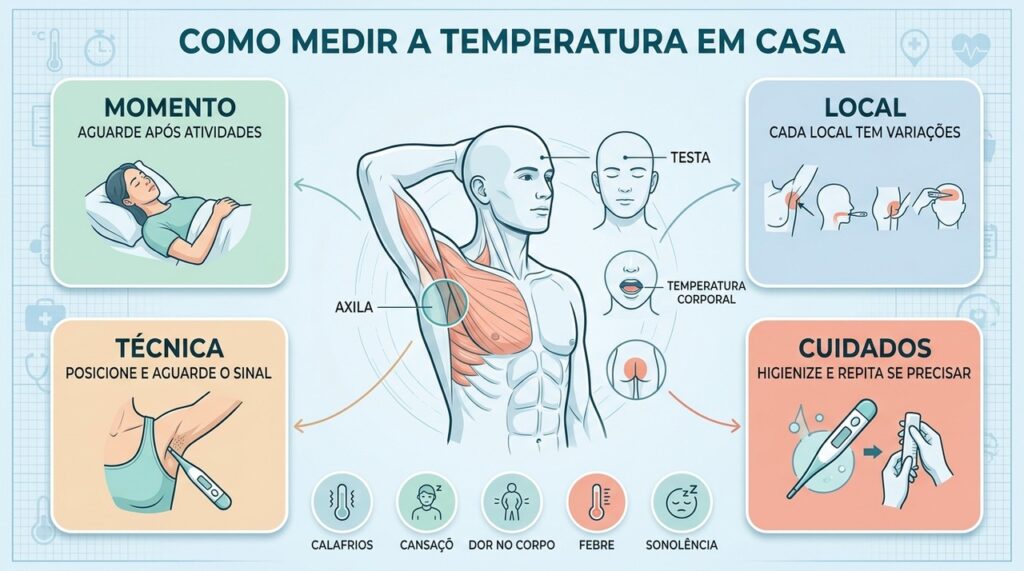 Local de aferição, técnica, aparelho e momento da medição influenciam a temperatura registrada.