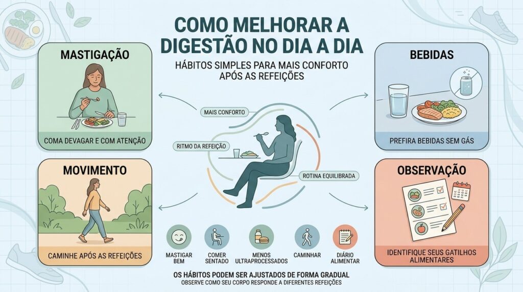 Mastigação, bebidas, movimento e observação ajudam a tornar a digestão mais confortável.