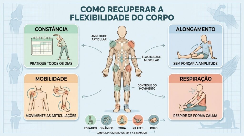 Constância, alongamento, mobilidade e respiração favorecem ganhos graduais de flexibilidade corporal.