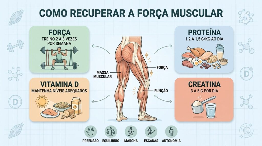 Proteína, vitamina D, creatina e exercícios formam pilares da recuperação muscular segura.