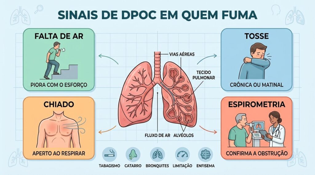 Tosse, chiado, falta de ar e espirometria ajudam a investigar a DPOC.
