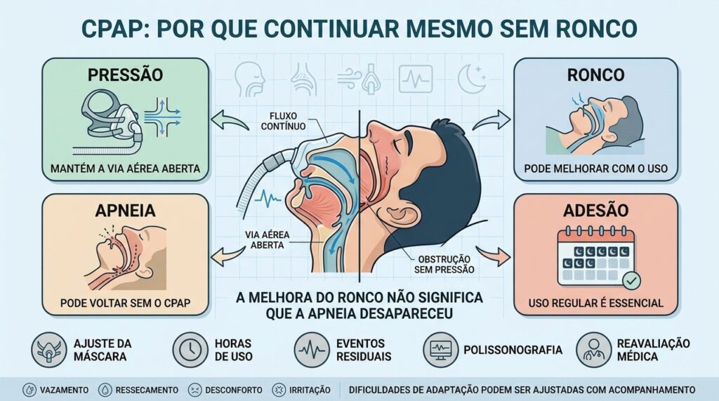 Pressão contínua, via aérea aberta e adesão regular sustentam o controle da apneia.