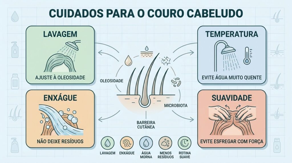 Lavagem adequada, água morna e bom enxágue ajudam a cuidar do couro cabeludo.