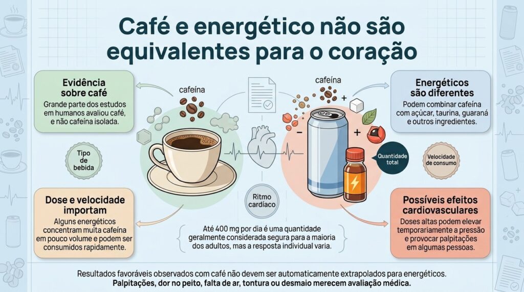 Comparar apenas os miligramas de cafeína ignora diferenças de composição, concentração e qualidade da evidência entre café e energéticos.