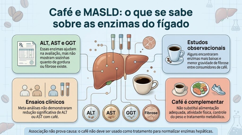 A evidência não mostra de forma consistente que o café reduza ALT, AST ou GGT em pessoas com MASLD.