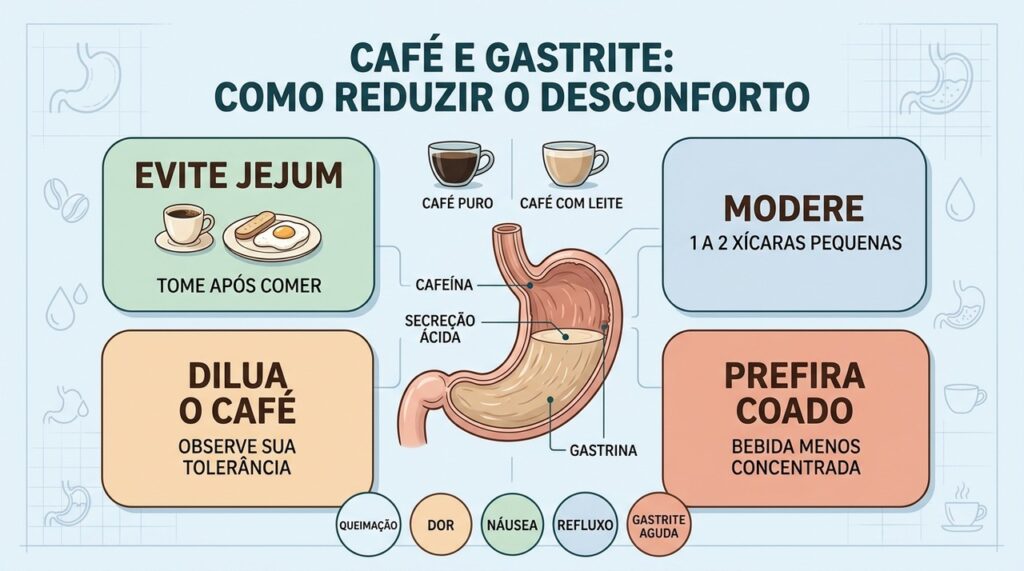 Jejum, quantidade, preparo e tolerância individual influenciam o café na gastrite.