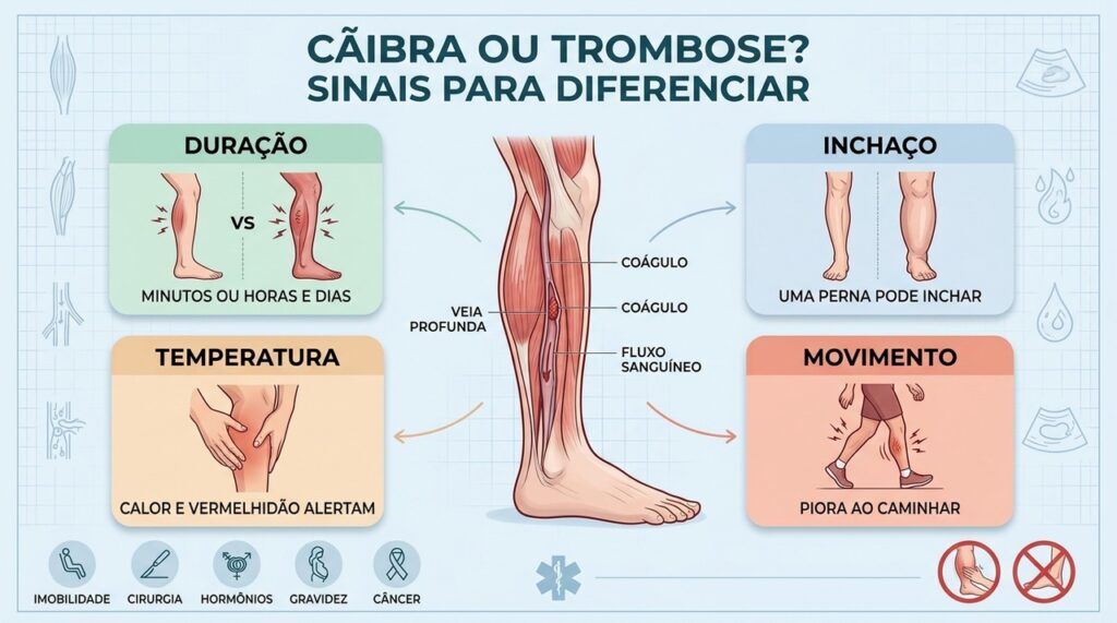 Dor persistente, inchaço unilateral, calor e vermelhidão podem indicar trombose venosa profunda.