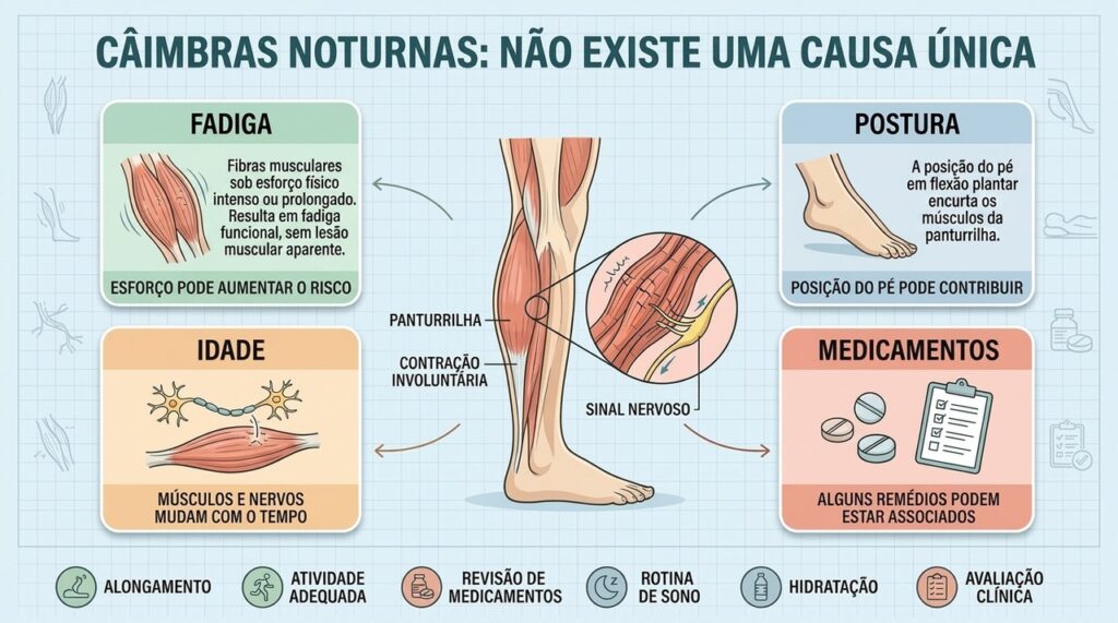 Fadiga, postura, envelhecimento e medicamentos explicam melhor a natureza multifatorial das câimbras.