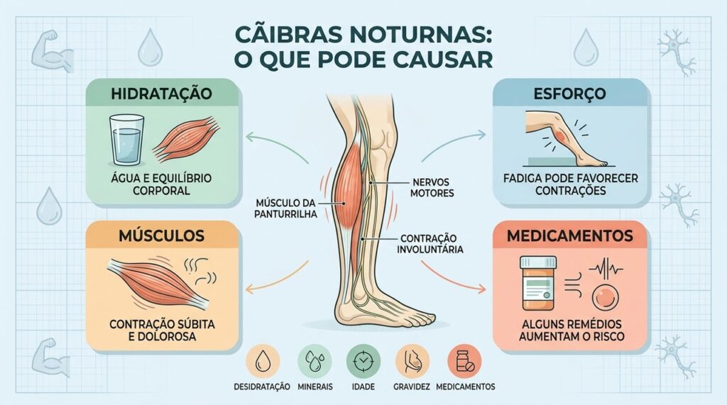 Hidratação, esforço muscular, idade e medicamentos podem influenciar as cãibras noturnas.