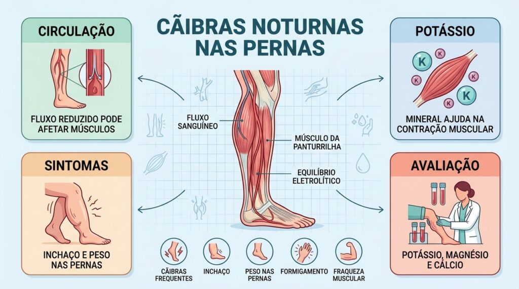 Circulação, potássio, sintomas associados e exames ajudam a investigar cãibras noturnas recorrentes.