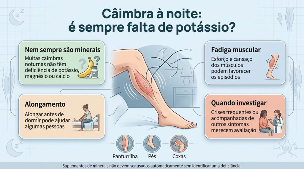 Câimbras noturnas podem ter várias causas, e suplementos nem sempre ajudam quando não existe deficiência mineral.