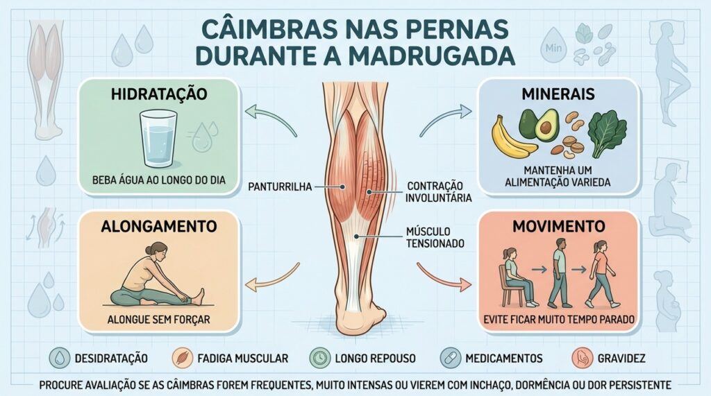 Hidratação, alongamento e movimento ajudam a reduzir fatores associados às câimbras noturnas.