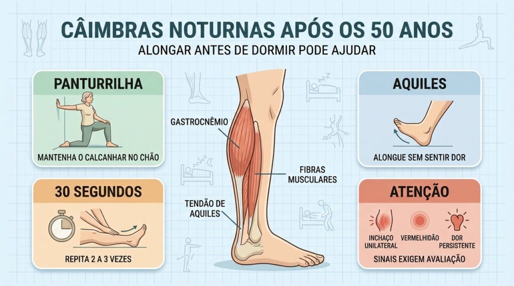 Quatro cuidados mostram como alongar a panturrilha e reconhecer sinais de alerta.