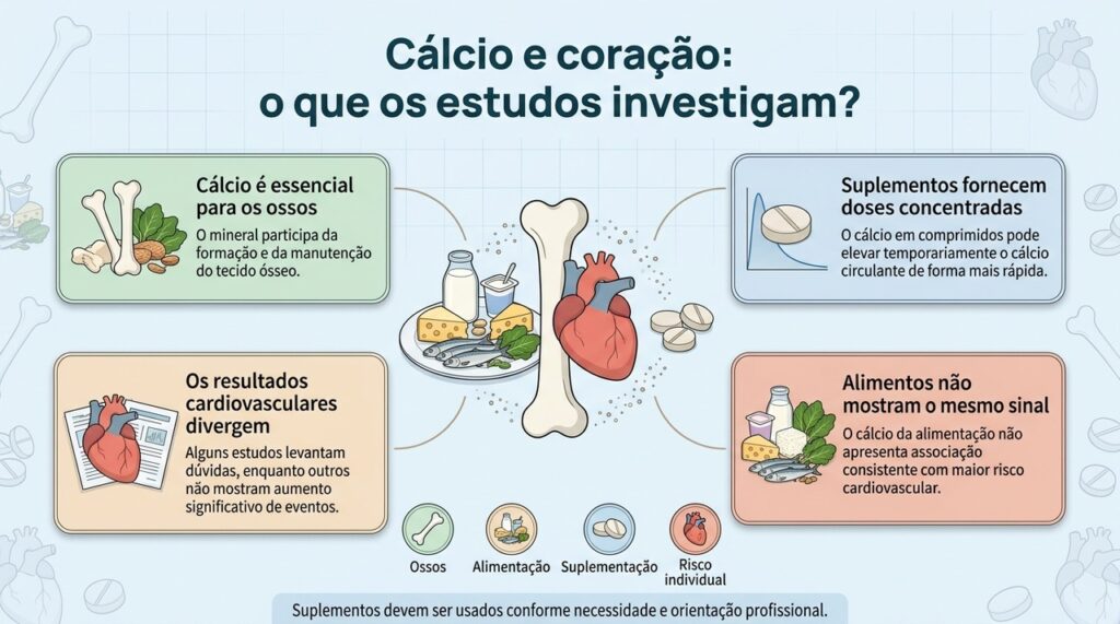 A evidência sobre suplementos de cálcio e risco cardiovascular ainda é divergente, por isso a necessidade e a dose devem ser individualizadas.