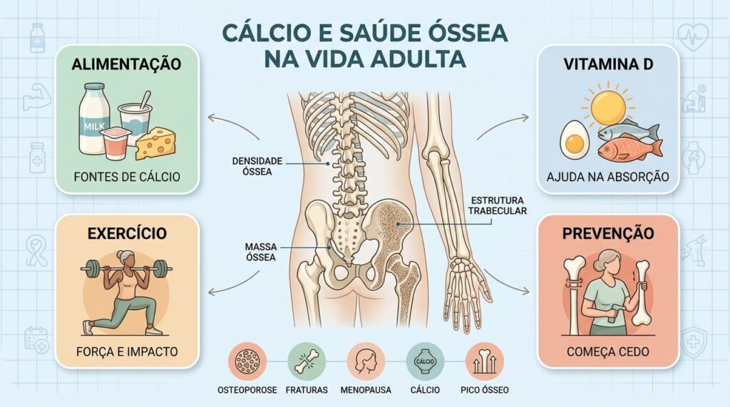 Cálcio, vitamina D, exercício e prevenção precoce protegem a densidade óssea ao longo da vida.