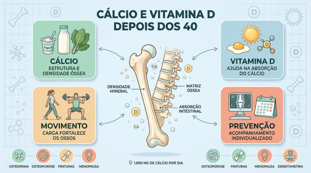 Cálcio, vitamina D, exercícios e prevenção formam pilares para preservar a densidade óssea.