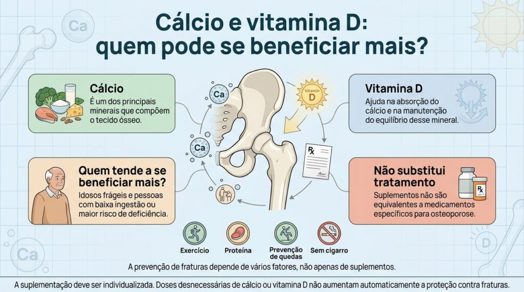 O benefício de cálcio e vitamina D varia conforme idade, alimentação, risco de deficiência e saúde óssea.