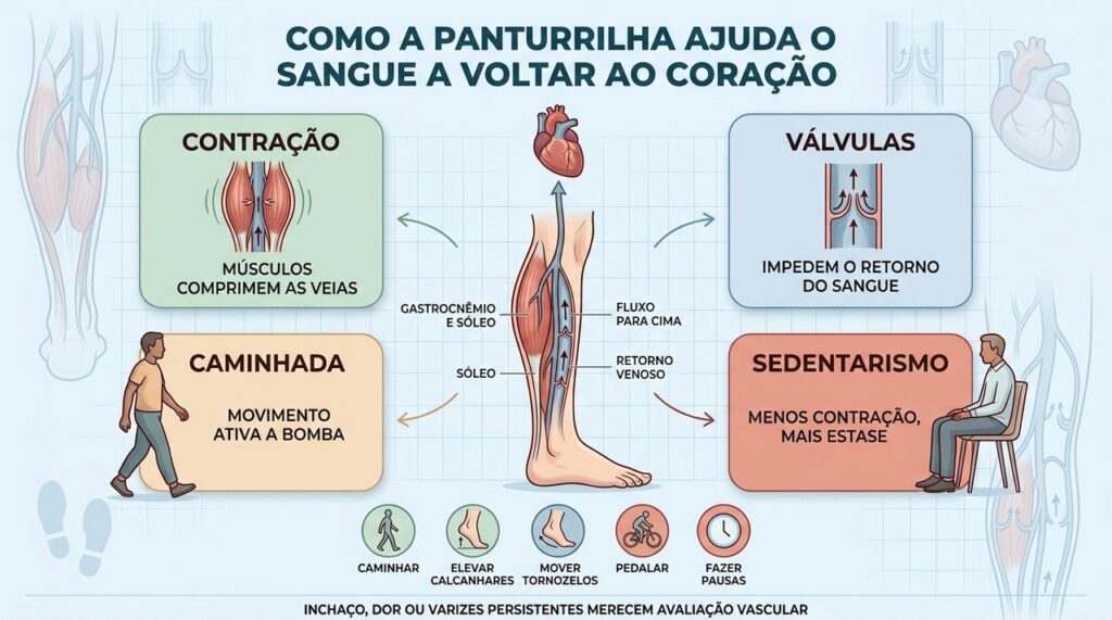 Contração muscular, válvulas venosas e movimento trabalham juntos no retorno do sangue.
