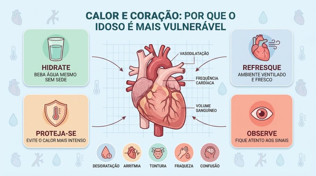 Calor, menor percepção da sede e desidratação aumentam a sobrecarga cardiovascular nos idosos.