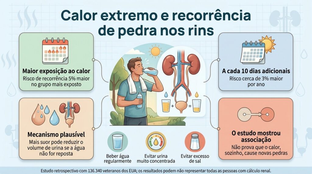 O estudo encontrou associação entre maior exposição anual ao calor extremo e recorrência de cálculo renal, sem demonstrar causalidade.