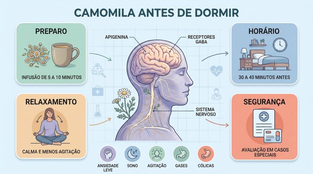 Preparo correto, horário, efeitos relaxantes e cuidados importantes orientam o uso da camomila.