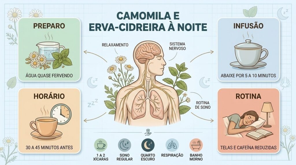 Preparo adequado, horário, moderação e higiene do sono complementam o uso das ervas à noite.