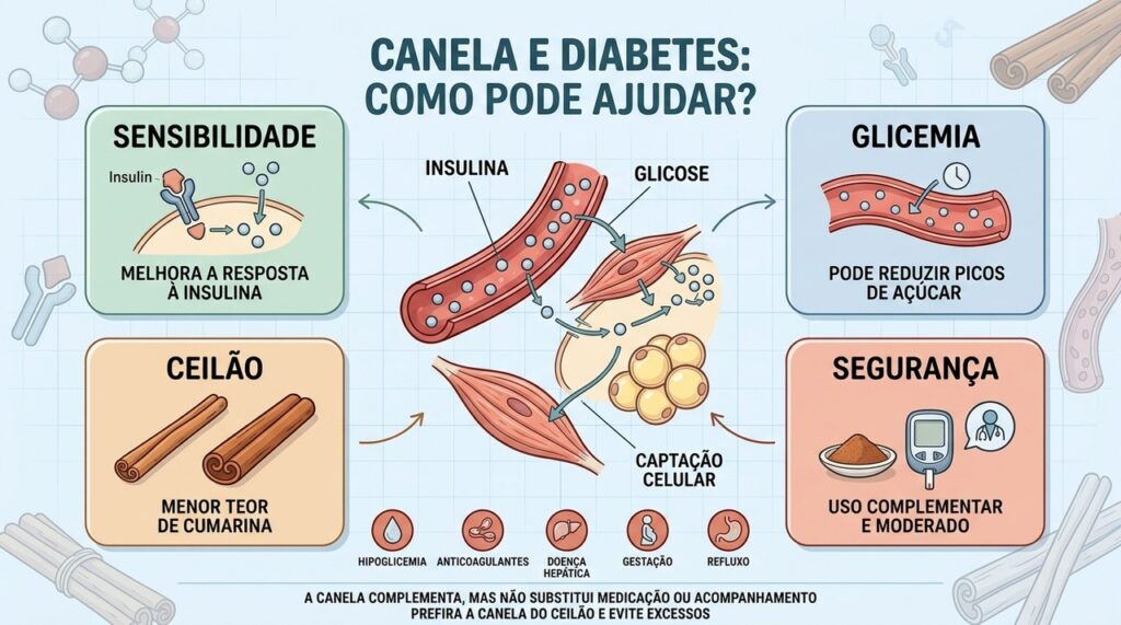 Sensibilidade à insulina, glicemia, variedade e segurança orientam o uso da canela.
