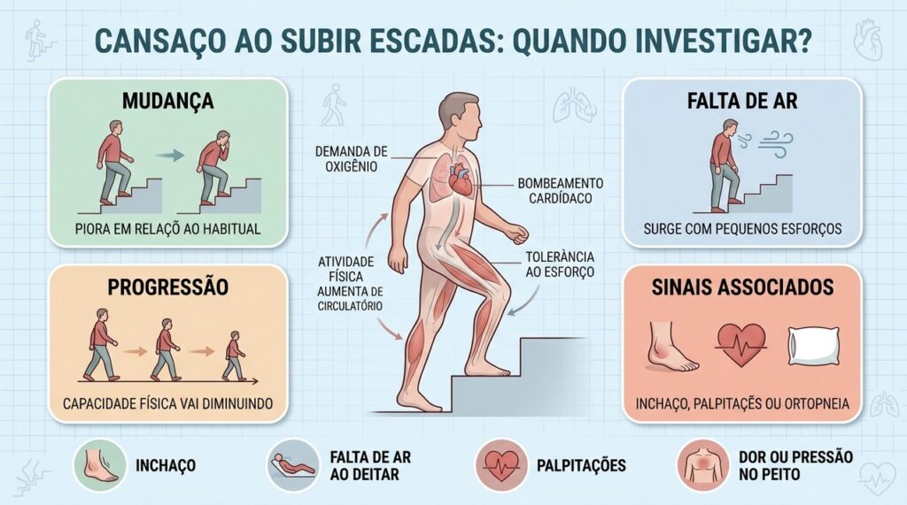 Mudança progressiva, falta de ar e sinais associados ajudam a orientar a investigação.
