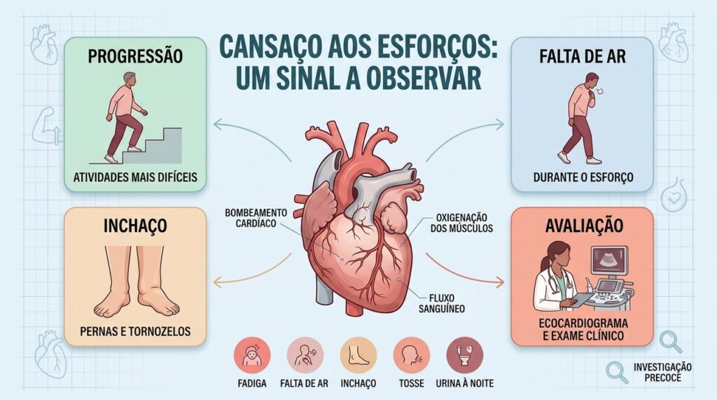Fadiga progressiva, falta de ar e inchaço formam sinais que merecem investigação cardíaca.