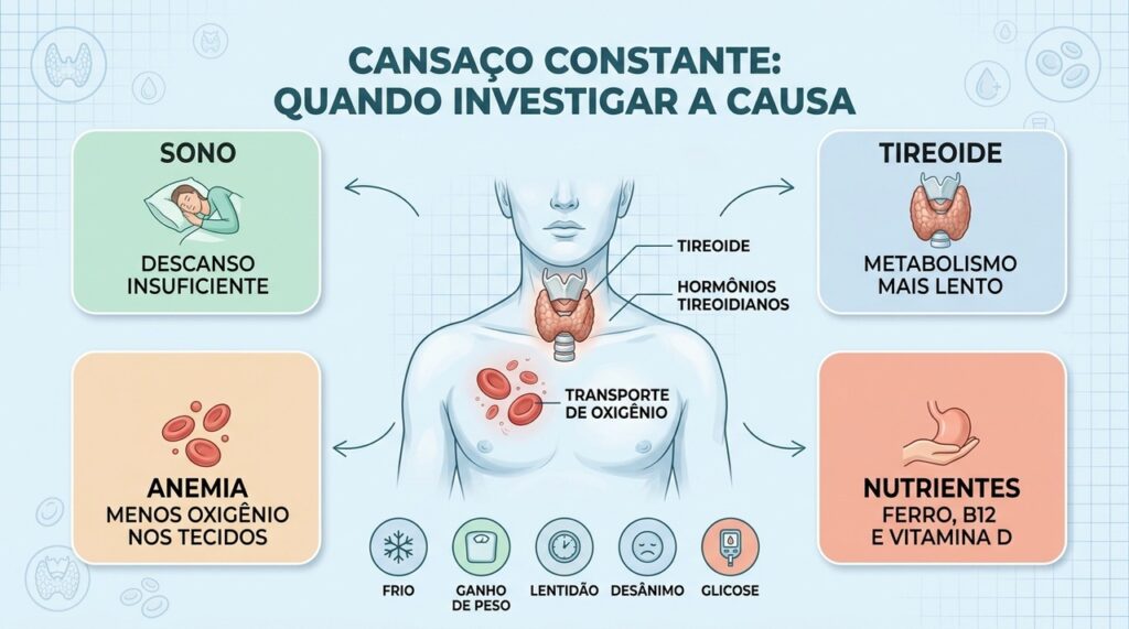 Sono, tireoide, anemia e nutrientes ajudam a investigar diferentes causas do cansaço persistente.
