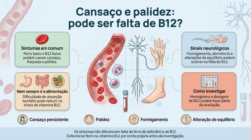 Cansaço, palidez e fraqueza podem ter várias causas, e exames ajudam a diferenciar deficiência de ferro, de B12 e outros problemas.
