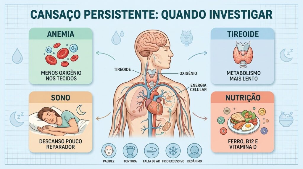 Anemia, tireoide, sono e nutrição estão entre causas possíveis de fadiga persistente.