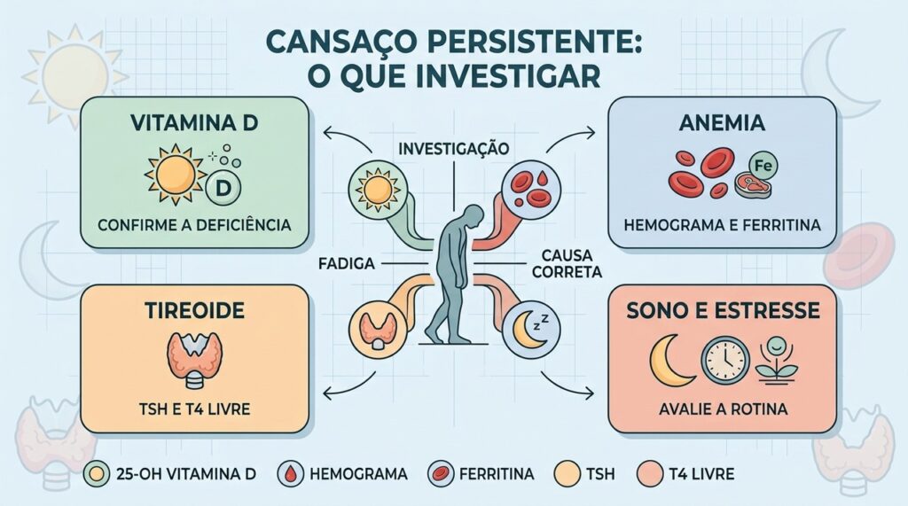 Vitamina D, anemia, tireoide e sono podem estar por trás da fadiga.