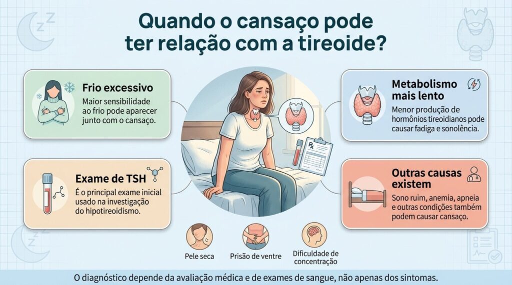 Quando o cansaço persiste e vem acompanhado de outros sinais, a função da tireoide pode precisar ser investigada.