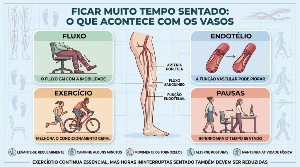 Fluxo, endotélio, exercício e pausas explicam por que interromper o tempo sentado importa.