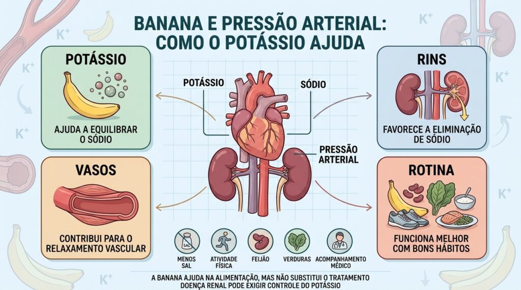 Potássio, rins, vasos e hábitos saudáveis atuam juntos no controle da pressão.