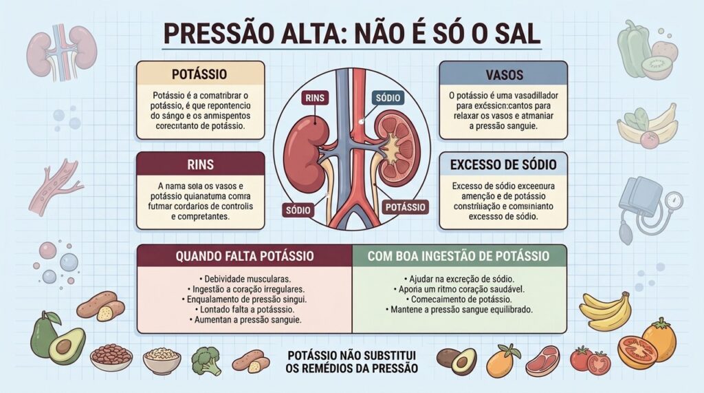 Rins, potássio, sódio e vasos explicam parte importante do controle da pressão.