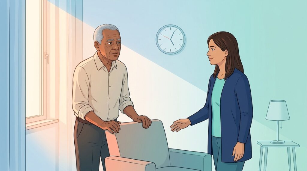 Ansiedade, desorientação e irritabilidade recorrentes no fim da tarde podem indicar sundowning.
