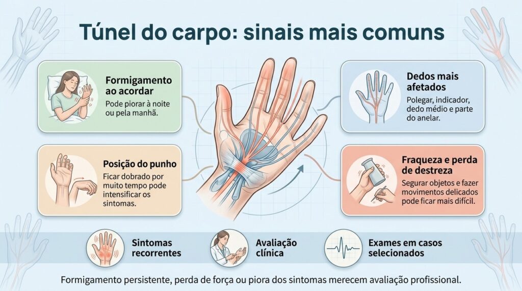 O padrão dos dedos afetados, a piora noturna e a perda de força ajudam na investigação da síndrome do túnel do carpo.