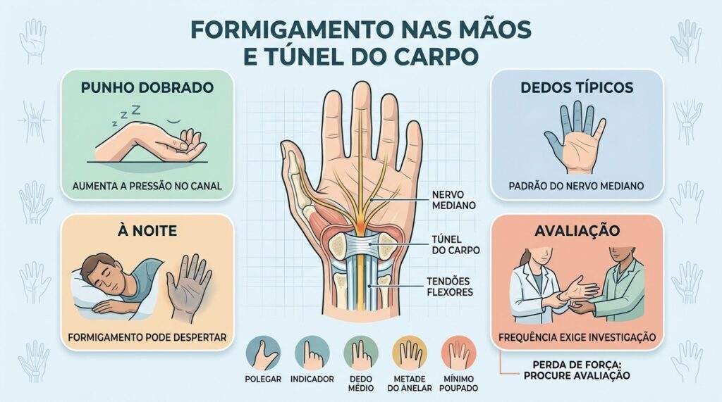 O padrão dos dedos afetados ajuda a reconhecer possível compressão no túnel do carpo.