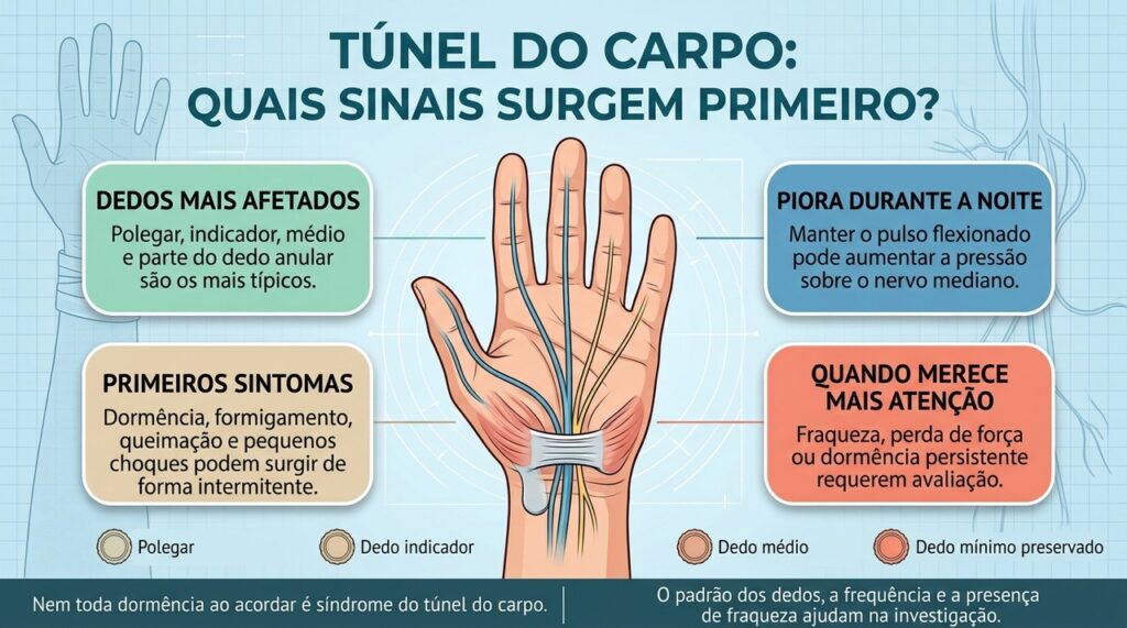 No túnel do carpo, a dormência costuma seguir o trajeto do nervo mediano e piorar durante a noite ou ao acordar.